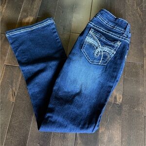 Wallflower Bootcut Jeans Size 7 Dark Wash Stretch Denim Y2K Flare Contrast Stitc